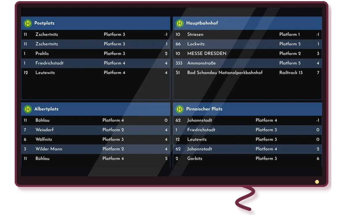 Screenshot von fahrplan auf einem gezeichneten Wandbildschirm: Abfahrten an vier Dresdner Haltestellen
