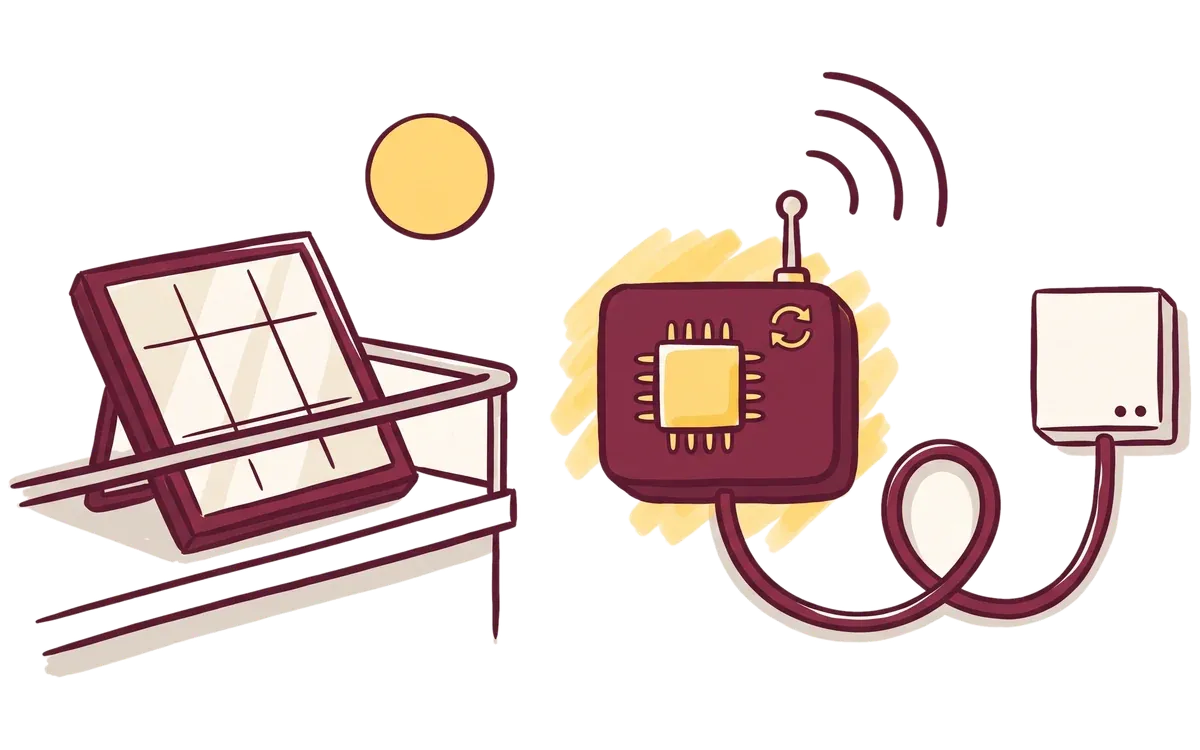 Illustration: Ein Solarmodul am Balkongeländer, daneben eine Steuerbox mit Chip, die per Funk und per Kabel mit weiteren Geräten verbunden ist.