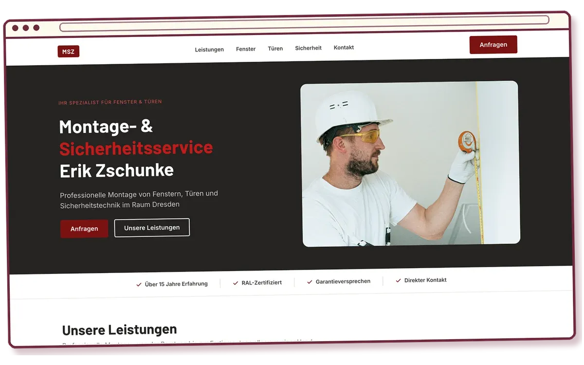 Screenshot der Website für einen Montage- und Sicherheitsservice im gezeichneten Browserfenster