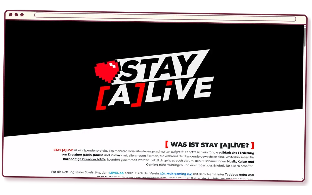 Screenshot der Website von STAY [A]LiVE im gezeichneten Browserfenster