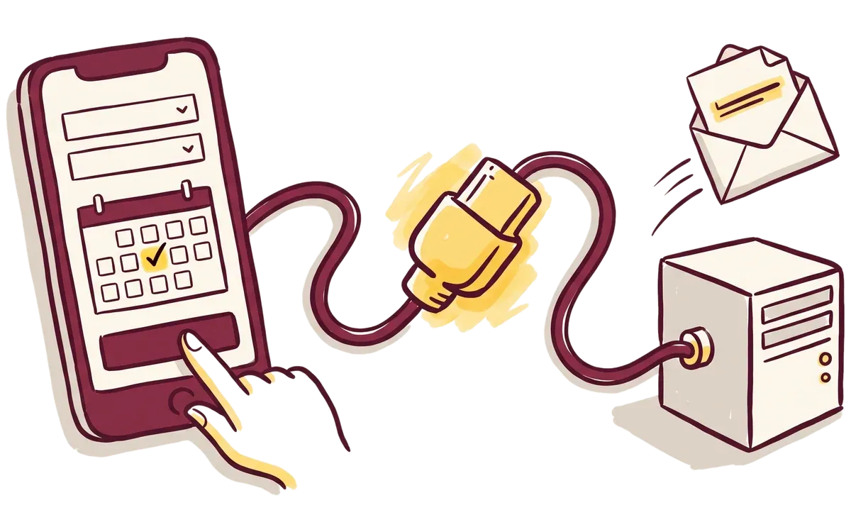 Illustration: Auf dem Handy wird ein Termin gebucht, ein Stecker verbindet die Buchung mit dem System des Dienstleisters, danach kommt eine Mail.