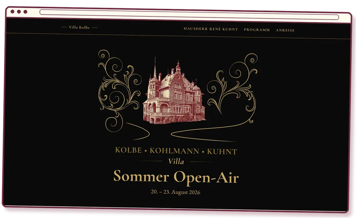 Screenshot von villakolbe.de im gezeichneten Browserfenster: Startseite mit gezeichneter Villa und dem Titel Sommer Open-Air